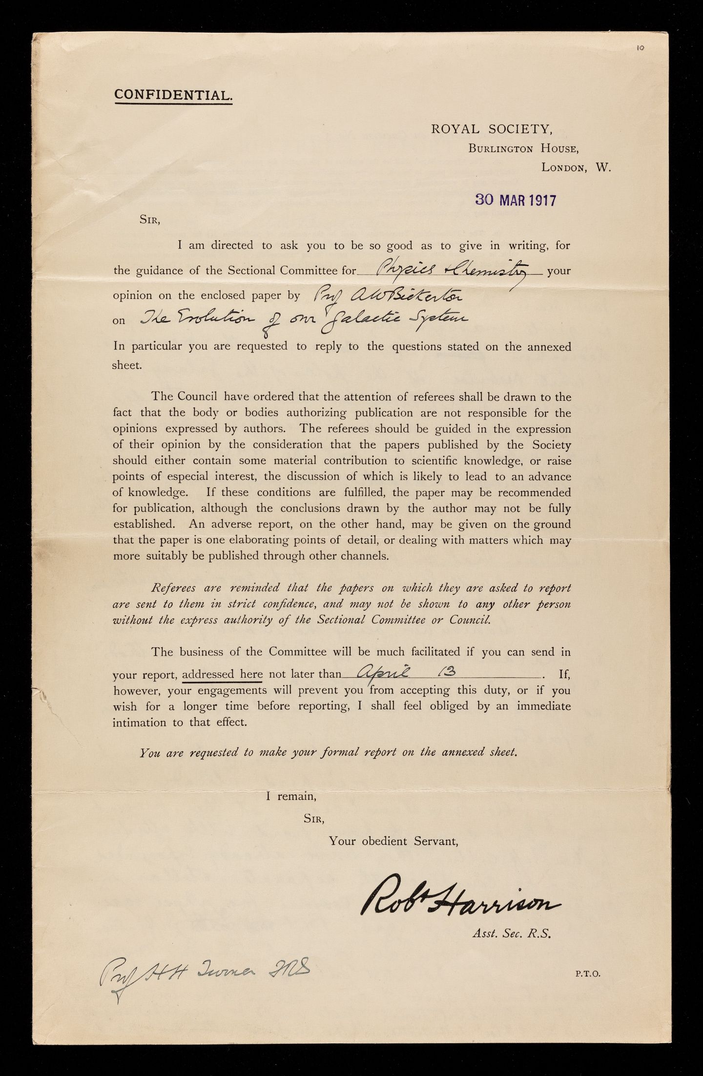 Referee's report by Herbert Hall Turner, on a paper 'On the evolution