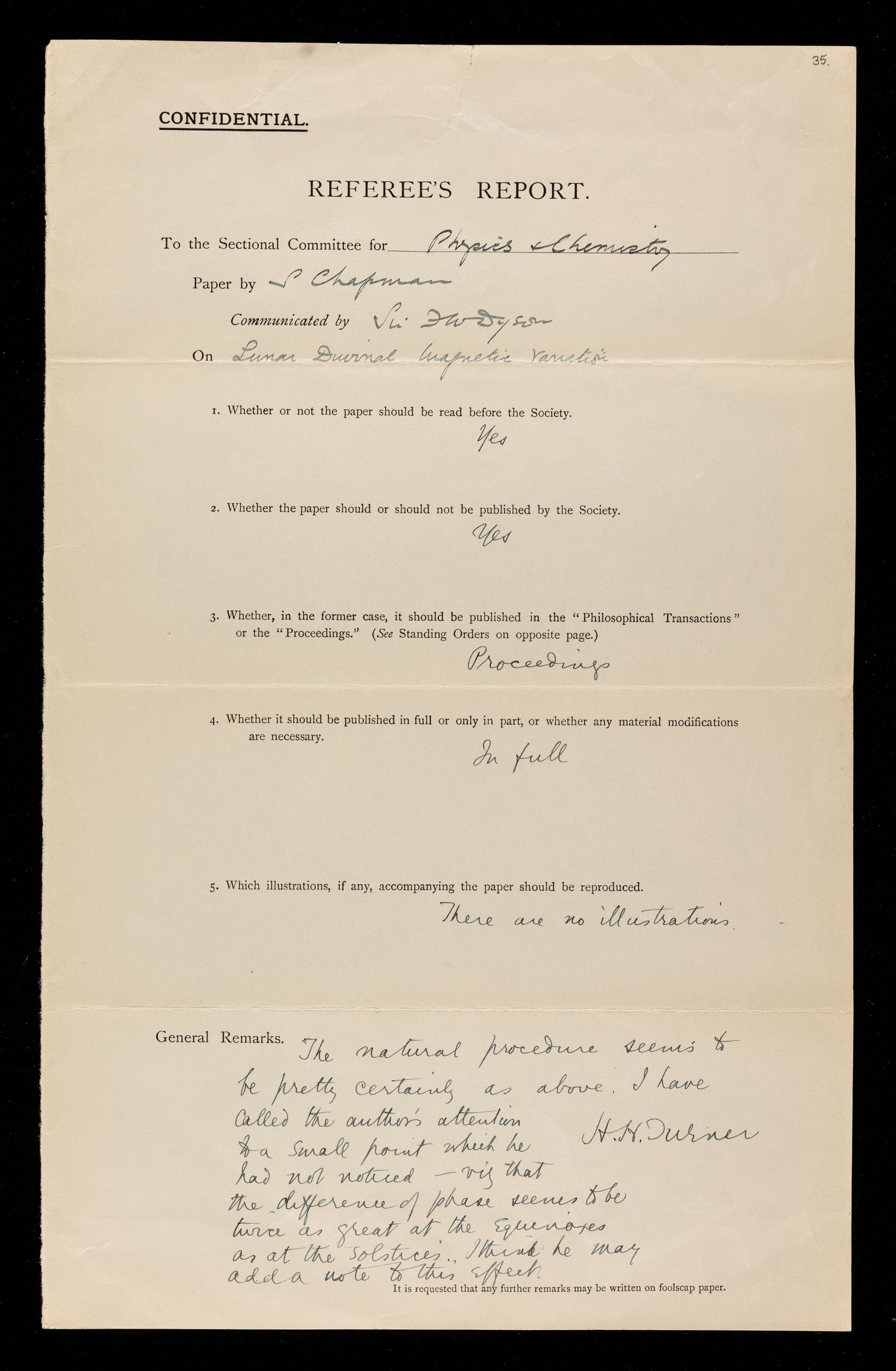 Referee's report by Herbert Hall Turner, on a paper 'The lunar diurnal