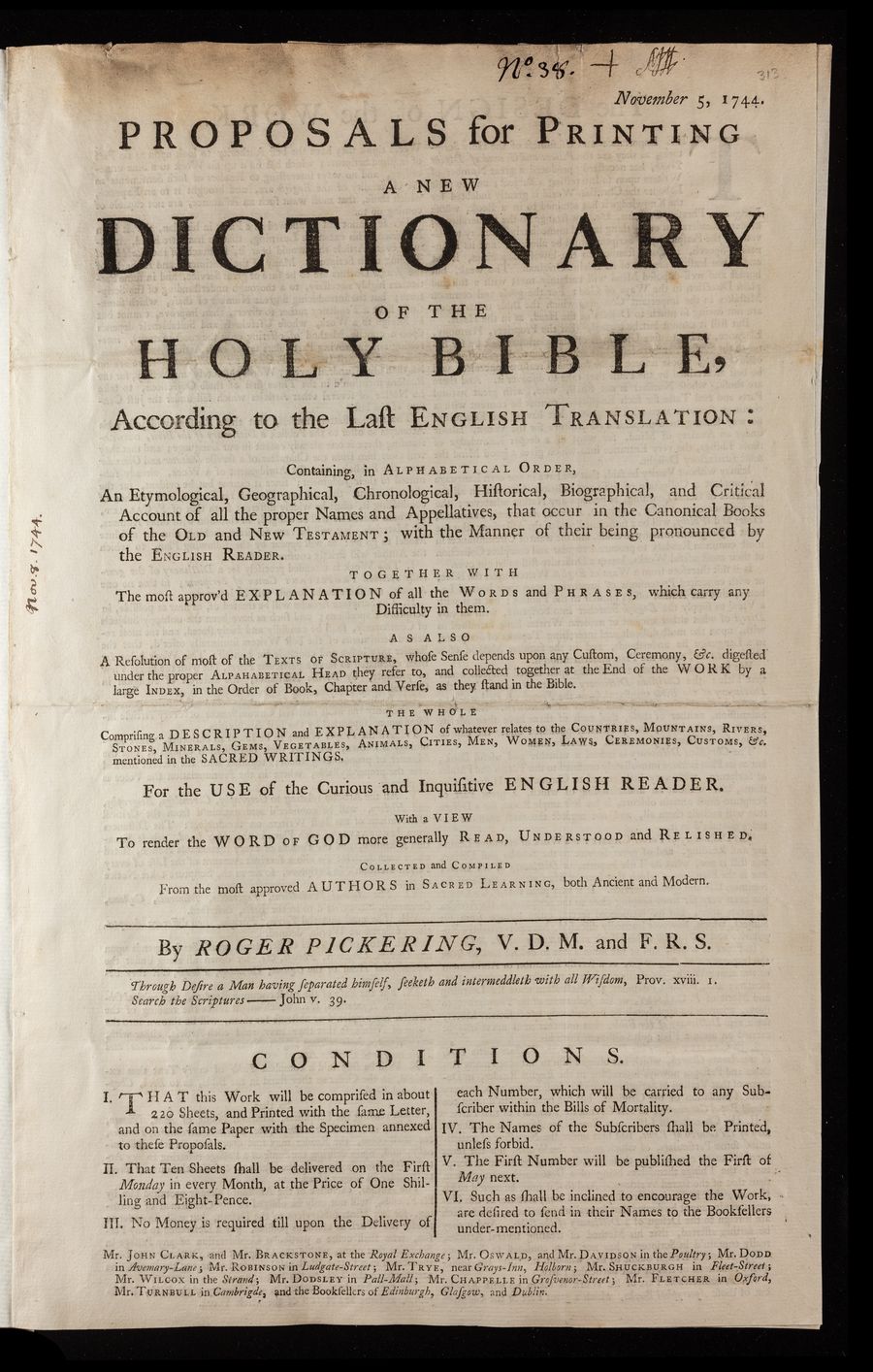 Pamphlet, &lsquo;Proposals for printing a dictionary of the Bible&rsquo; by 
